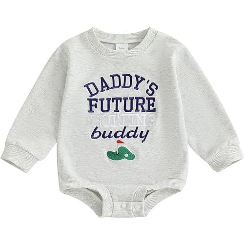 PUHHAPIEY Baby Boy Golf Outfit Daddys Future Golfing Buddy Bubble Romper Onesie Long Sleeve Sweatshirt Romper Fall Jumpsuit
