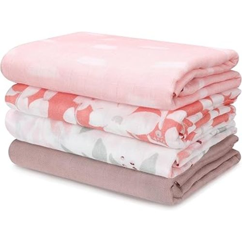 Muslin Swaddle Blankets, Nursery Receiving Blankets for Girls & Boys, Soft & Breathable Baby Muslin Swaddle, Large 47 x 47 inches, New Born Essentials, 4 Pack, Summer Flower