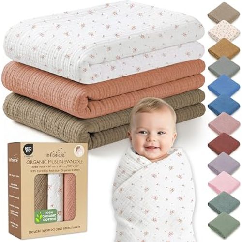 Organic Muslin Baby Blanket 3-Pack Olive, Cinnamon & Wildflower, 38x40 Inch 100% Organic Cotton Oeko-TEX Certified Ultra-Soft Swaddle Blankets for Newborn, Baby Girl Shower Gift Set