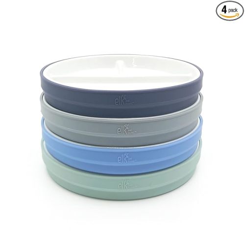 Elk and Friends 6.7" Kids Porcelain White Plates with Silicone Sleeves | Divided Plates | Suitable for Kids/Toddlers | Microwave & Dishwasher Safe | Non Slip | Snack Dishes