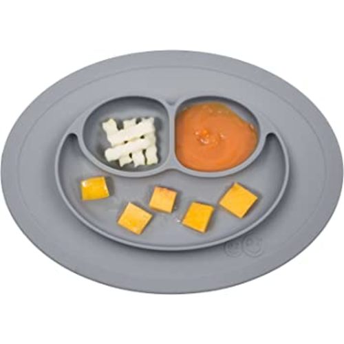 ezpz Mini Mat for 12 Months+ (Gray) - 100% Silicone Baby Plates with Suction and Built-in Placemat for Infants + Toddlers - Baby Led Weaning - For Highchair, Dining Table and Travel