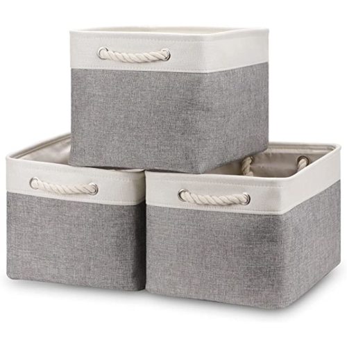 Bidtakay Baskets Set of 3 Storage Baskets for Organizing Large Fabric Storage Bins for Shelves Decorative Canvas Bins Collapsible Empty Baskets for Closet,Nursery,Clothes,Toys,Shoes(White&Grey)