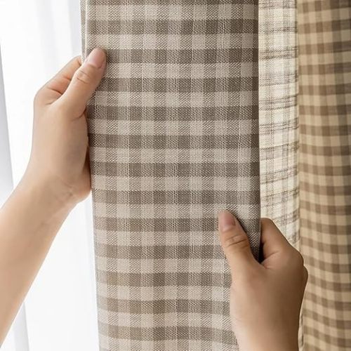 2 Panels Farmhouse Paid Curtain 96 inch Length Cotton Linen Blend Gingham Curtain Panels for Living Room Bedroom Half Light Blocking Rod Pocket Drapes, Each W52 X L96 Inch