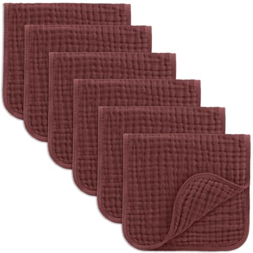 Comfy Cubs Muslin Burp Cloths 20" x 10", Pack of 6 - Large, 6-Layer, Ultra Absorbent 100% Cotton for Baby Drool and Messes - Soft, Safe & Gentle Baby Burp Cloths Set for Boys & Girls - Wine