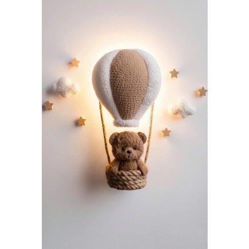 Teddy Bear Hot Air Balloon Wall Light | Bouclé Nursery Night Light
