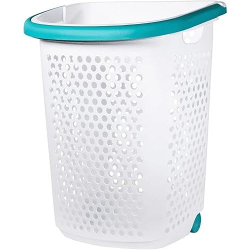 2 Bushel Rolling Plastic Laundry Hamper with Pop-up Handle, White, Adult/Tween