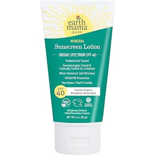 Earth Mama Baby Mineral Sunscreen Lotion SPF 40 | Reef Safe, Non-Nano Zinc, Natural Water Resistant Sun Cream for Babies, Kids & Adults, 3-Ounce