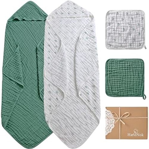 Baby Bath Towels Muslin 4 Pack, Premium Muslin 6 Layers Natural Cotton Baby Bath Towels, Soft and Comfortable for Boys,Girls (Boho Rainbow Green) (32 x 32)