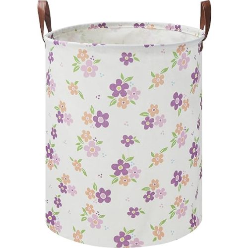 19.7" Purple Flower Laundry Basket,Kids Dirty Clothes Hamper,Waterproof Toys Storage Bin,Room Decor,Gift Baskets,Baby Nursery Hamper(Purple Flower)