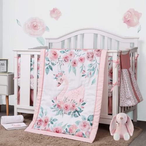 Sweet Baba Pink Swan Crib Bedding Set For Baby Girls, 5 PC Crib Set Includes Comforter/Skirt/Crib Sheet/Diaper Stacker/Blanket