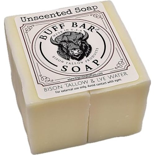 Pure Bison Tallow Buff Soap Bar, Unscented, (2 pack) - Cleans, Moisturizing, Non-Habit Forming, Soothes, Hydration, Naturally Derived - No Dyes, Chemicals, Fragrances, Preservatives