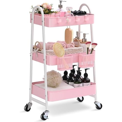KINGRACK 3 Tier Utility Rolling Cart, Metal Rolling Storage Cart, Craft Art Cart with Handle and Locking Wheels & 2 Hanging Baskets 4 Hooks for Bathroom, Bedroom, Pink