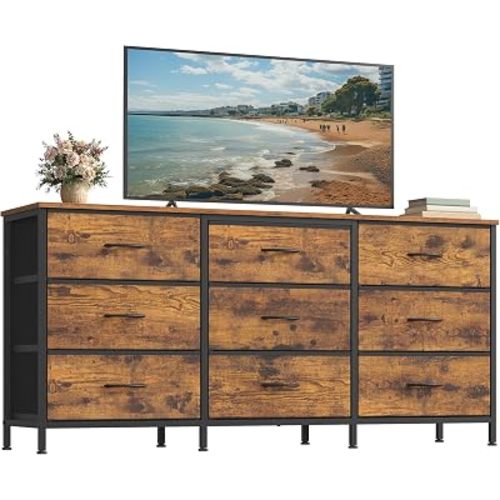 SONGMICS BELLAH Collection - Dresser for Bedroom, TV Stand for TVs Up to 65 Inches, Chest of Drawers for Living Room, Closet, Steel, 9 Drawers, Industrial, Rustic Brown and Ink Black ULGS133KD02S