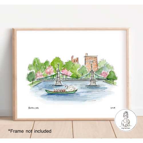 Boston, MA - Swan Boat, Boston Public Garden. Watercolor & Ink Illustration, Archival Quality, 8x10, 11x14 or 16x20 print