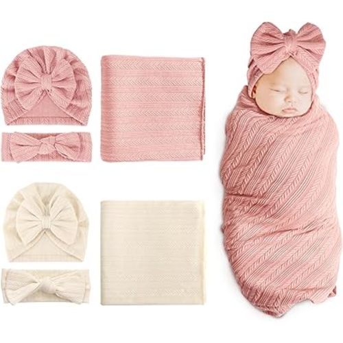 DRESHOW BQUBO Newborn Receiving Blanket Headband Hat Set for Baby, Unisex Baby Boys Girls Essentials, Newborn Registry Must Haves, Stroller Crib Shower Gifts