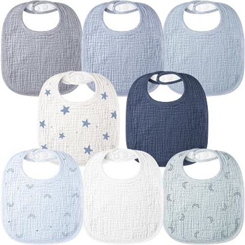 Bearmoss Baby Bibs for Drooling and Teething 100% Cotton Muslin Bibs for Baby Boy & Girl,Adjustable, Ultra Absorbent,8 Pack