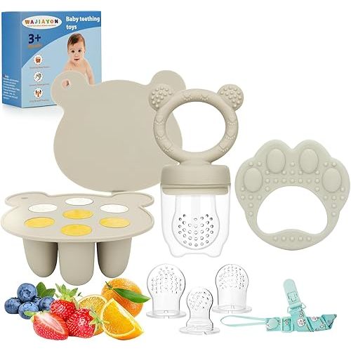 Baby Breastmilk Popsicle Molds & Baby Fruit Feeder (3 Pack), WAJIAYON Baby Food Freezer Tray Storage Containers, Silicone Teething Pacifier Feeder and Teether for Babies(Sand)