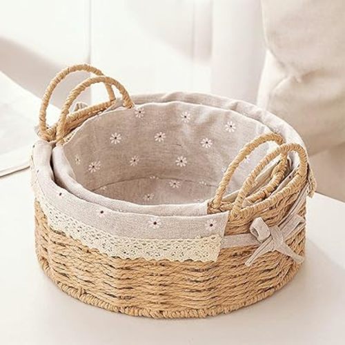 GIB Small Wicker Storage Baskets for Organizing, Decorative Woven Baskets with Handles & Liners, Boho Paper Rope Round Serving Baskets Trays for Shelves, Table, Gifts, Set of 2