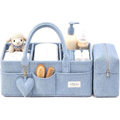 Baby Diaper Caddy Organizer with Matching Zipper Pouch, Soft Corduroy Diaper Storage Basket, Nursery Organizer with Removable Divider, Newborn Essentials, Baby Registry Must Have, Gift for Baby Shower