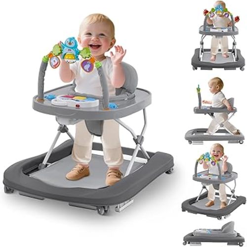 Baby Walker, Music & Removable Footrest with Toys, 3-Height Adjustable, Foldable 4-in-1 Activity Center for Infant and Toddler, Baby Walker for Baby Boy Girls 7–18 Months