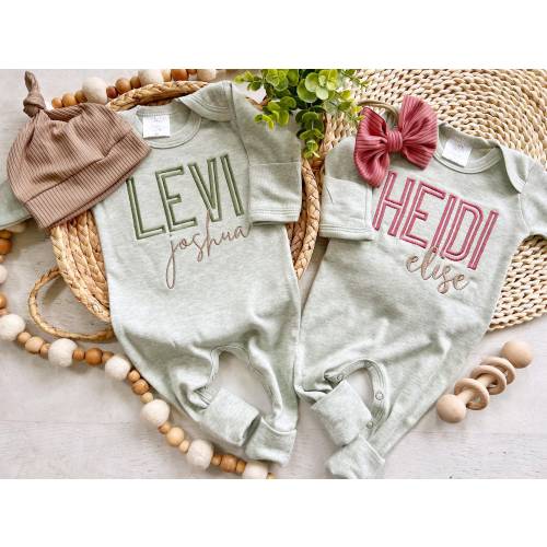 Boy girl twin coming home outfits, green footed sleeper, pink, sage twin baby outfit, baby shower gift, minimalist baby, romper outfit