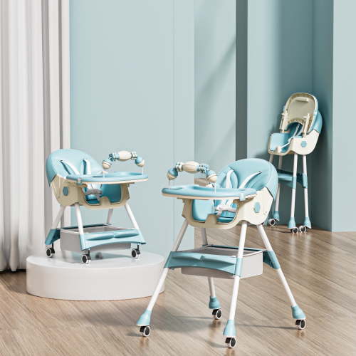 JieC Baby High Chair, 4 in 1 Convertible Highchair for Babies & Toddlers, Double Tray Dining Chair with 5-Point Harness & Silent Wheel,Cyan