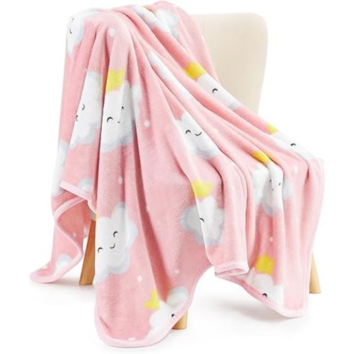 TILLYOU Toddler Flannel Blanket - Warm Cozy Baby Blanket for Boys and Girls, Smooth Cute Lightweight Blanket for Bedding Crib Stroller, 40x50 Inches, Pink Cloud