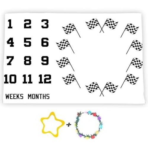 F-FUN SOUL Race Car Flags Baby Monthly Milestone Blanket 60x40in Racing Sports Theme Nursery Blanket Newborns Mom Gifts Baby Shower Growth Tracker with Bonus Marker