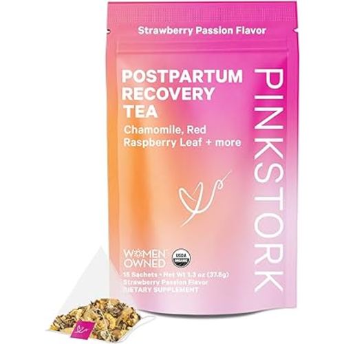 Pink Stork Postpartum Recovery Herbal Tea, Organic Red Raspberry Leaf with Chamomile, Hormone Balance for Women after Labor and Delivery, Postpartum Essentials, Strawberry Passion, 15 Sachets