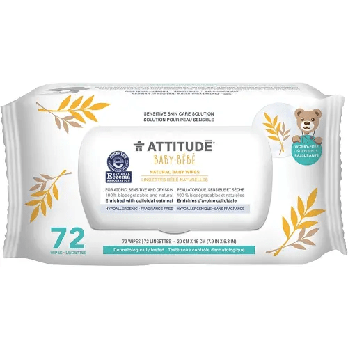 ATTITUDE Baby Wipes, Enriched with Oatmeal, Diaper Wipes for Babies and Newborn, Sensitive and Dry Skin, Dermatologically Tested, Vegan, Unscented, 72 Count