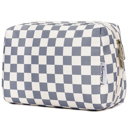 Narwey Checkered Makeup Bag Travel Cosmetic Bag Organizer Toiletry Bag Make Up Bags with Compartments for Women Girls (Large, Grayish Blue Checkerboard)