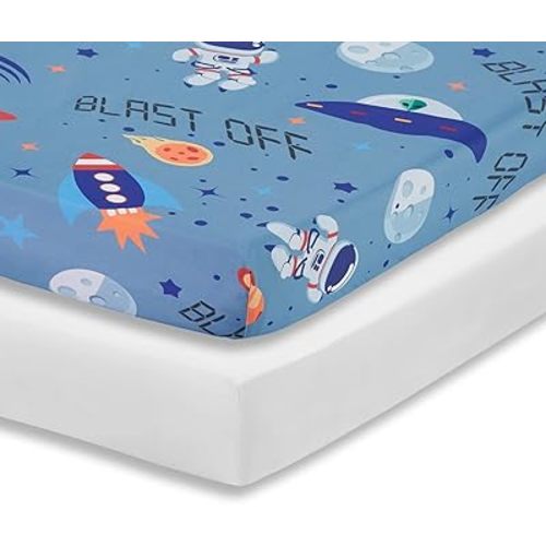 Everyday Kids 2 Pack Fitted Boys Crib Sheet, 100% Soft Breathable Microfiber Baby Sheet, Fits Standard Size Crib Mattress 28in x 52in, Nursery Sheet - Space/White