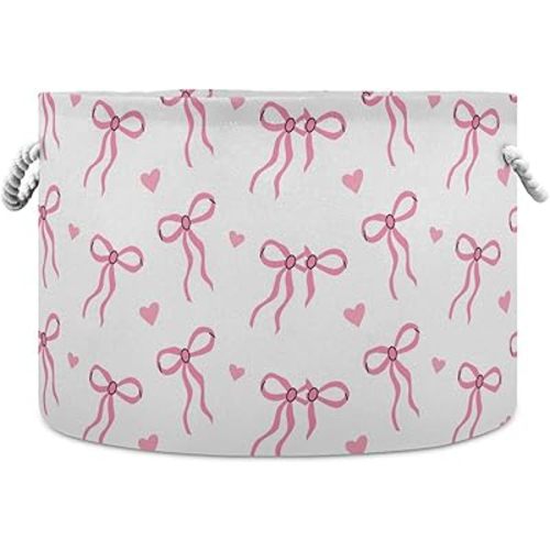 Wusikd Pink Bows Cotton Rope Basket Hearts Ribbons Baby Laundry Basket for Blankets Toys Storage Basket Bins Box Organizer Basket