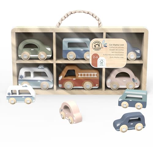 SPEEDY MONKEY Wooden Toy Cars Set – 6 Colorful Little Vehicles in Wooden Case for Kids – FSC Certified Pretend Play Car Set for Boys & Girls, Toddlers Wheels Toys Includes Fire Brigade, Ambulance