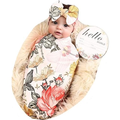 Galabloomer Newborn Receiving Blanket Headband Set Flower Print Baby Swaddle Blankets (Garden Flower)