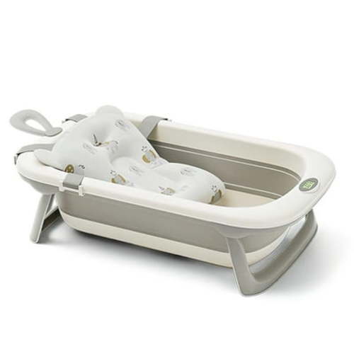 UNICOO® Baby Tub - Foldable Infant Bath Tub for Newborn to Toddler - Portable Baby Bathtub with Soft Cushion &Thermometer - Safety Belt, Detachable Cushion, Convenient Bathtub