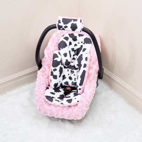 Girly Pink Cow Baby Girl Car Seat Insert Cushions - Head and Body Rest - Car Seat Straps Cushions - Infant Car Seat Acessories