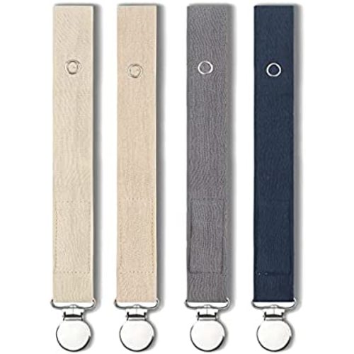 Baby Pacifier Clip Leash Soothie Holder Unisex for 4 Pack Gift Set with Neutral Solid Colors ;Soft Linen Pacifier Clips ; Fabric Pacifier Strap with Clip Keeps Pacifiers & Teethers in Place