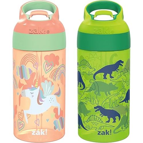 Zak Designs 16oz Riverside Kids Water Bottle with Spout Cover and Built-in Carrying Loop, Made of Durable Plastic, Leak-Proof Water Bottle Design for Travel (Unicorn & Dino Camo, Pack of 2)