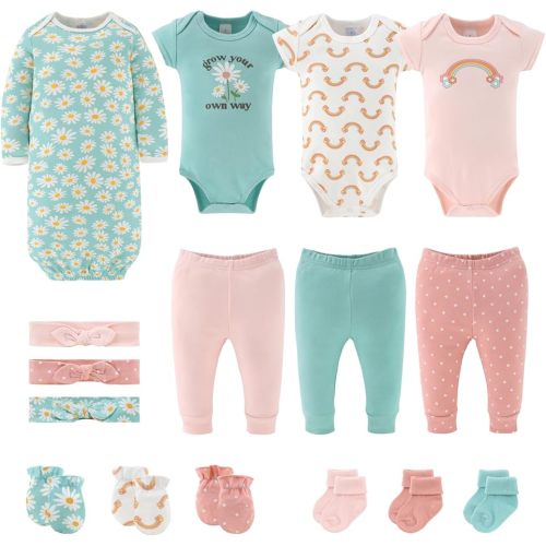 The Peanutshell Baby Layette Gift Set for Baby Girls - 16 Piece New Born Baby Girl Gift Set, Baby Clothes & Newborn Essentials Must Haves - Newborn Baby Girl Clothes 0-3 Months - Carefree Floral