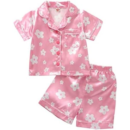 Toddler Baby Kids Satin Pajamas Set, Long Sleeve Button-Down Sleepwear PJs for Girls