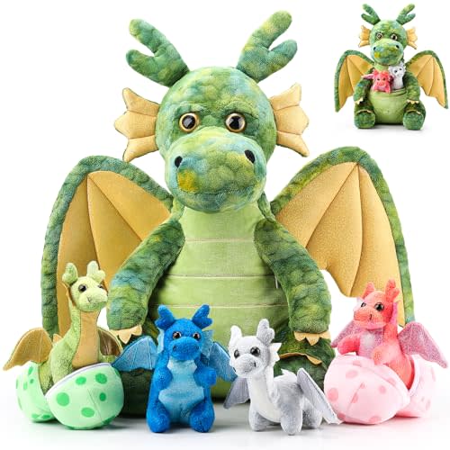 Arrowbash 7 Pcs Dragon Plush Toys Gift Set 15.75" Large Dragon Mom Stuffed Animal with 4 Cute Babies and 2 Eggs in Mommy's Belly for Kids Birthday Christmas Classroom Prizes(Green)