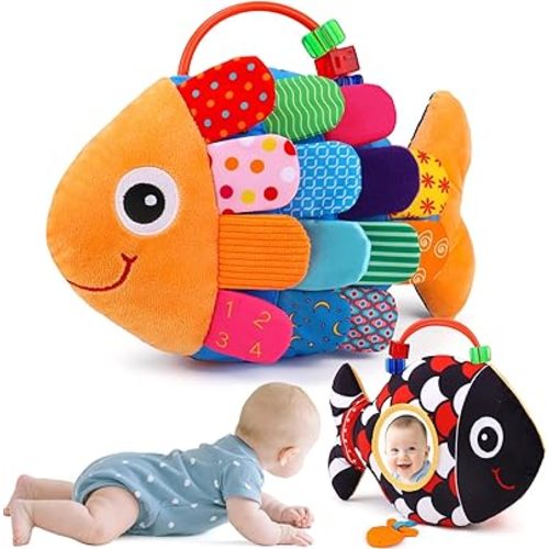 Baby Sensory Tummy Time Toys 0-6 Months Music Fish Toy for Newborn 3 4 5 6 Month Black and White High Contrast Infant Toys with Mirror Crinkle Rattle for 0-3 3-6 Months Old Baby Boy Girl Shower Gifts