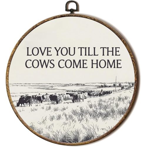 FSTCSV Rustic Western Cow Round Wall Art Framed, Western Cowboy Cows Canvas Prints Wall Hanging Art, Farmhouse Love You Till The Cows Come Home Circle Walls Decor for Home Living Room Bedroom,10x10in
