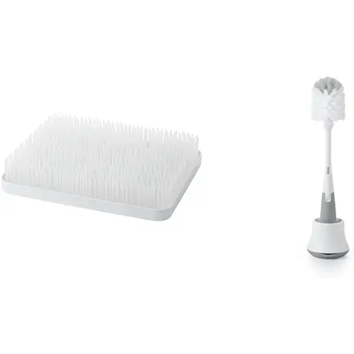 Boon Lawn Countertop Drying Rack,White, 13.5x11x2.5 Inch (Pack of 1) & OXO Tot Bottle Brush with Nipple Cleaner and Stand - Gray