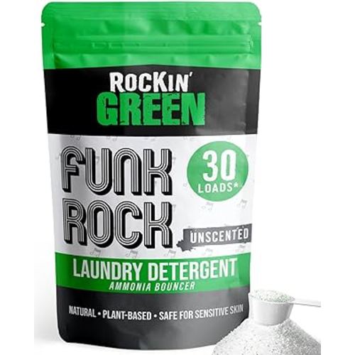 Rockin' Green Laundry Detergent, Plant based, All Natural Laundry Detergent Powder, Vegan and Biodegradable Odor Fighter, Safe for Sensitive Skin (Funk Rock Ammonia Bouncer 30 Loads - Unscented)