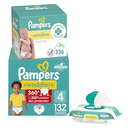 Pampers Swaddlers 360 Pull-On Diapers, Size 4, 132 Count, with Sensitive Baby Wipes, 4 Flip-Top Packs (336 Wipes Total) [Packaging May Vary]