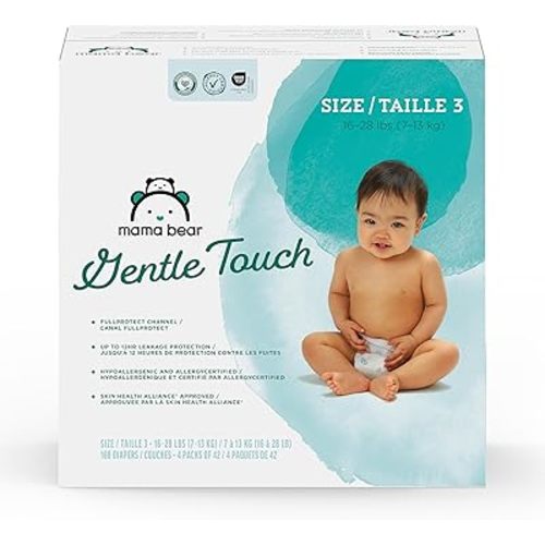 Amazon Brand - Mama Bear Gentle Touch Baby Diapers, Size 3, 168 Count (4 packs of 42), Leakproof, Keeps Baby Dry, Skin Safe, Formulated without Fragrance with Wetness Indicator