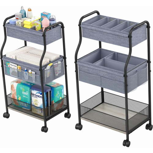 X-COSRACK 3-Tier Rolling Baby Diaper Organizer Cart, Metal Nursery Utility Cart with Wheels & Removable Dividers, Multi-Purpose Storage for Bathroom & Kitchen