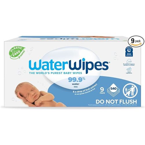 WaterWipes Plastic-Free Original-baby Wipes, 99.9% Water Based Wipes, Unscented & Hypoallergenic for Sensitive Skin, 60 Count (Pack of 9) Total 540 wipes, Packaging May Vary